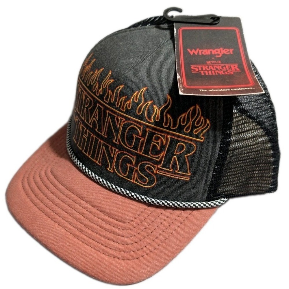 NWT Wrangler x Stranger‎ Things Flame Logo Black Pink Trucker Hat OS Snapback